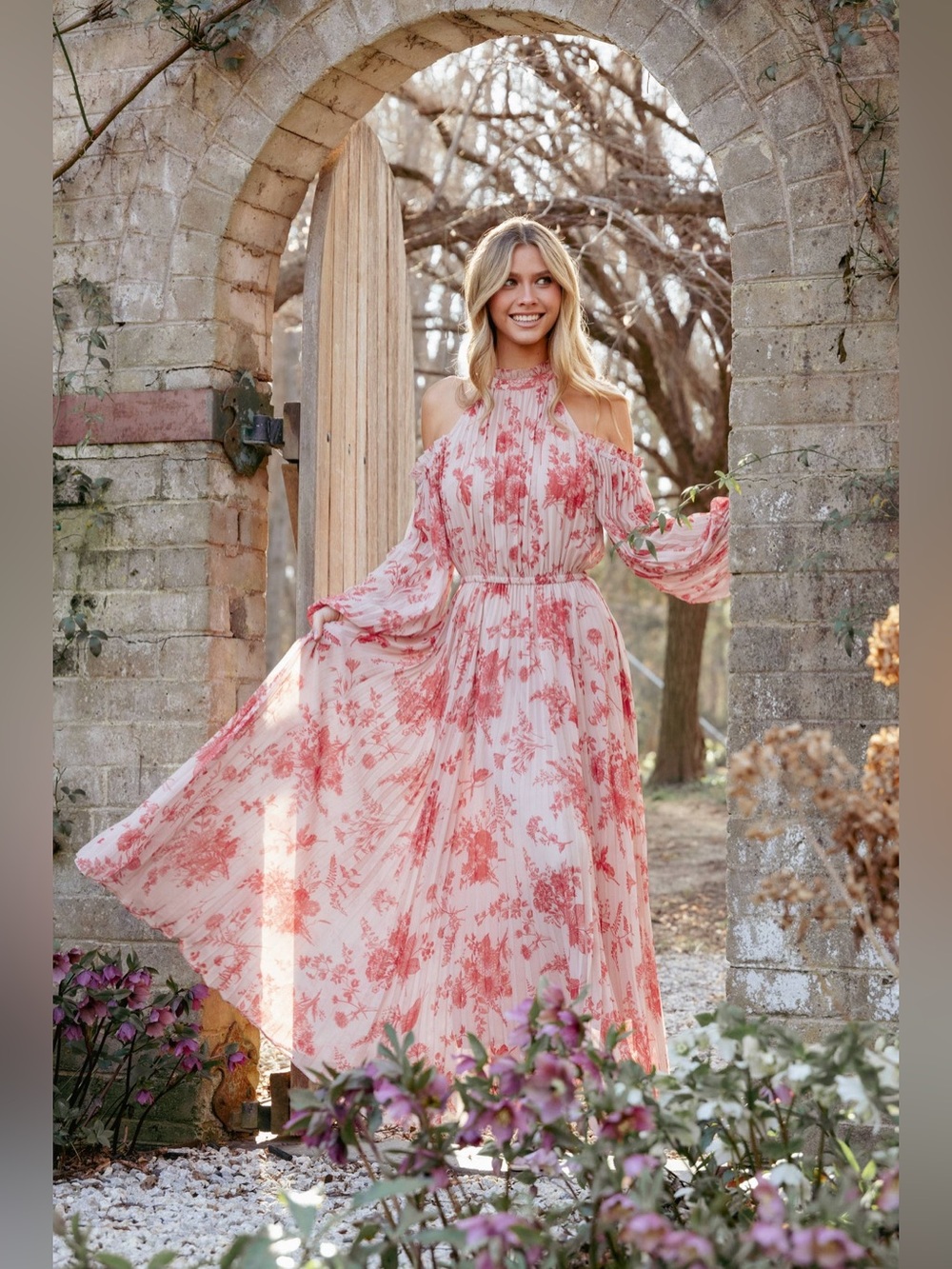 Revolve Petal & Pup Pink Floral Cold-Shoulder Maxi Dress Nwot Size M